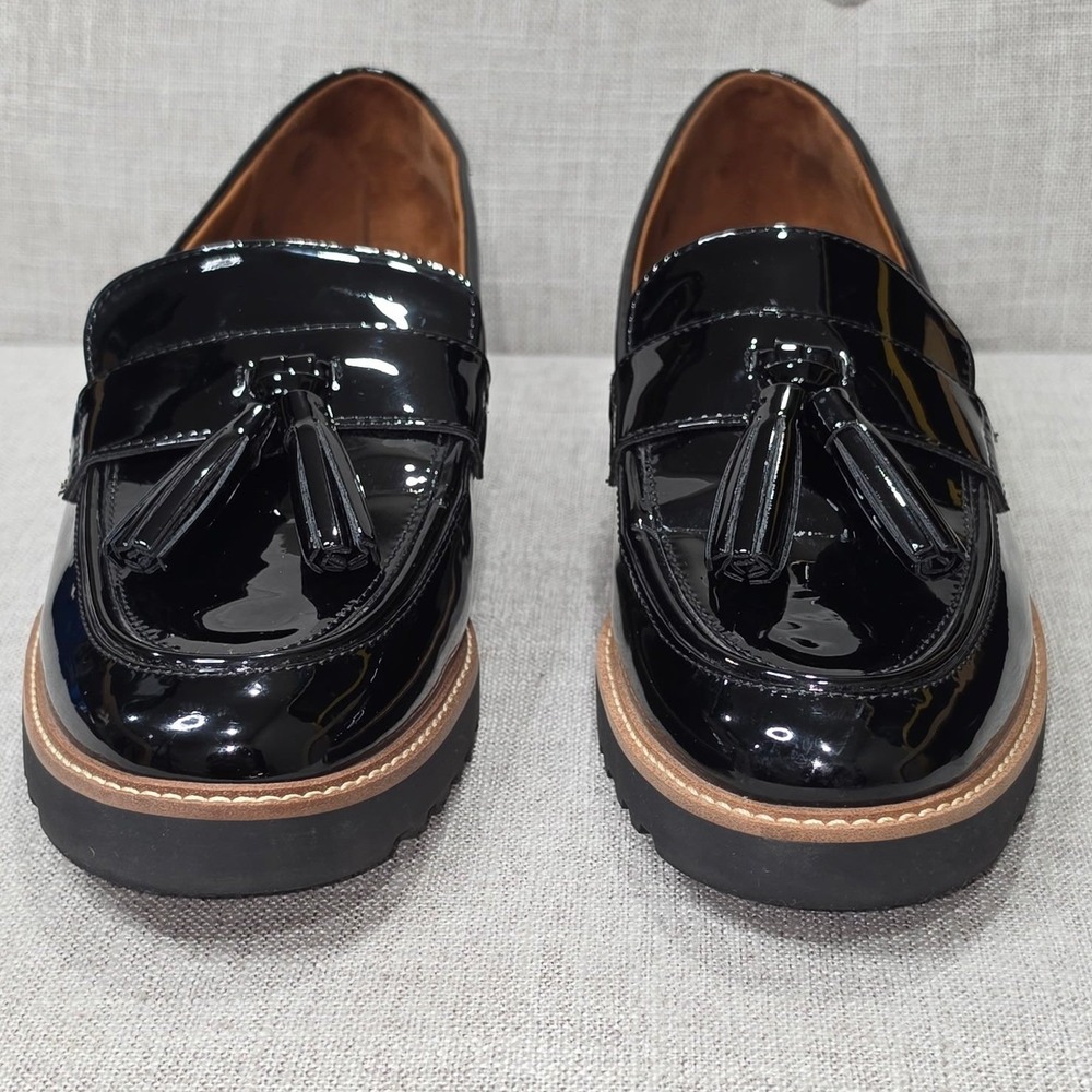 Franco Sarto Carolynn Black Patent Tassel Lug Sole Platform Loafers